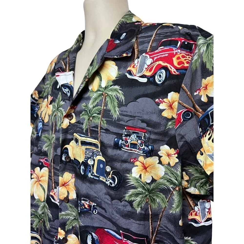 RJC Vintage Hawaiian Aloha Floral Button Up XL Pocket Hot Rods Classic Cars USA